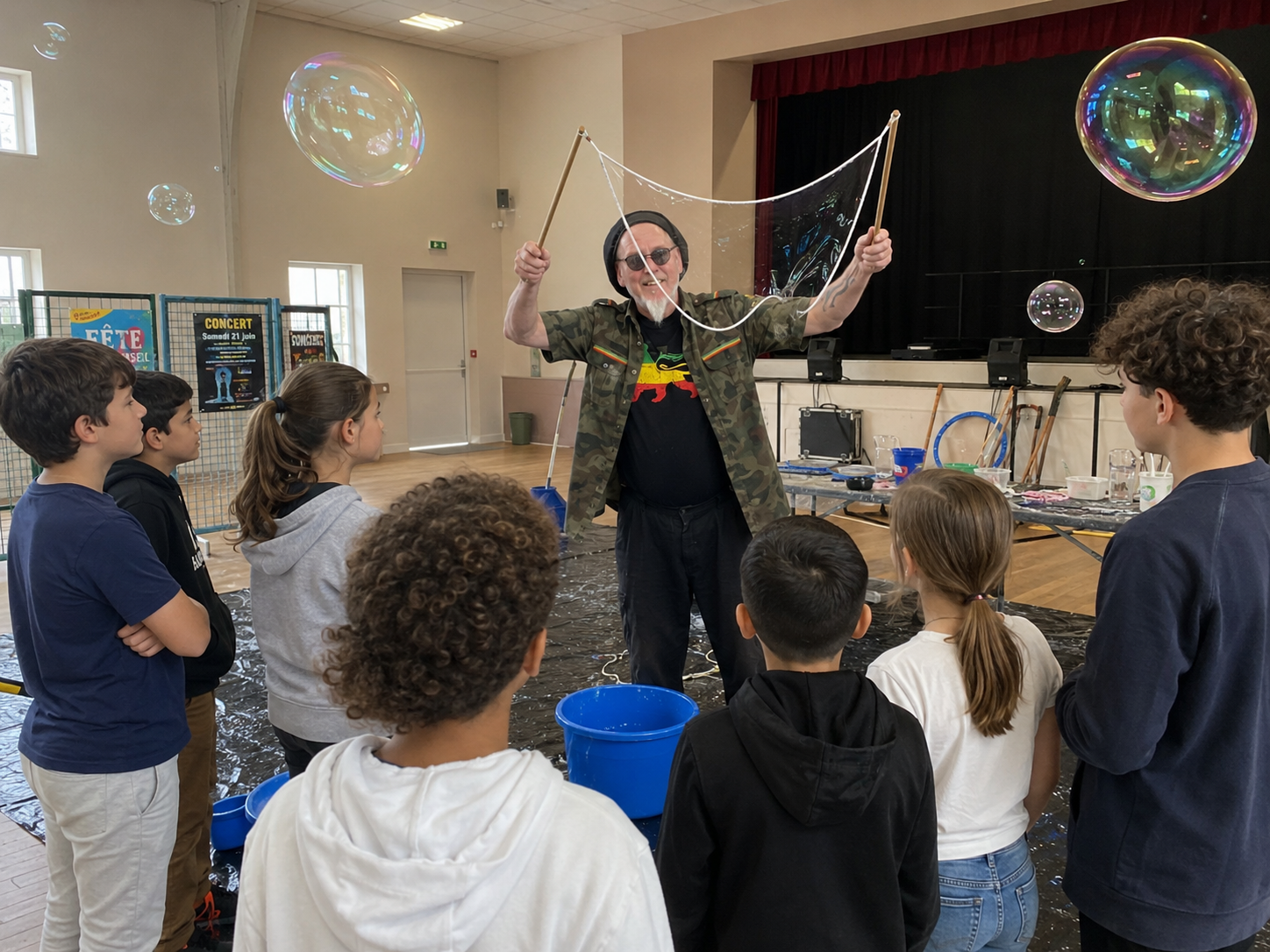 Ateliers cirque et bulles en milieu scolaire avec démonstration de bubble art en salle